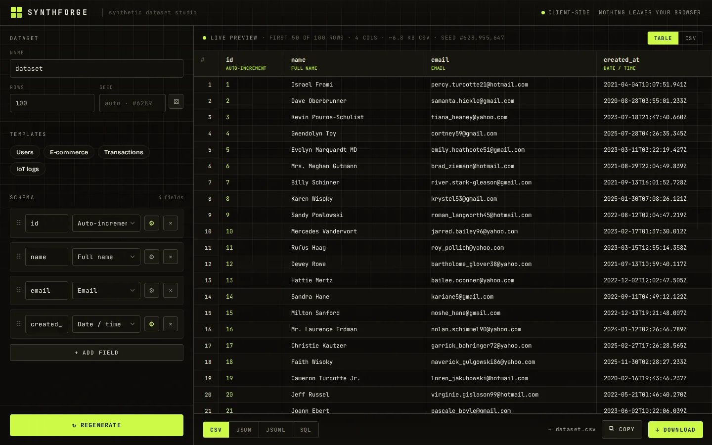 synth-forge schema editor next to a live data preview